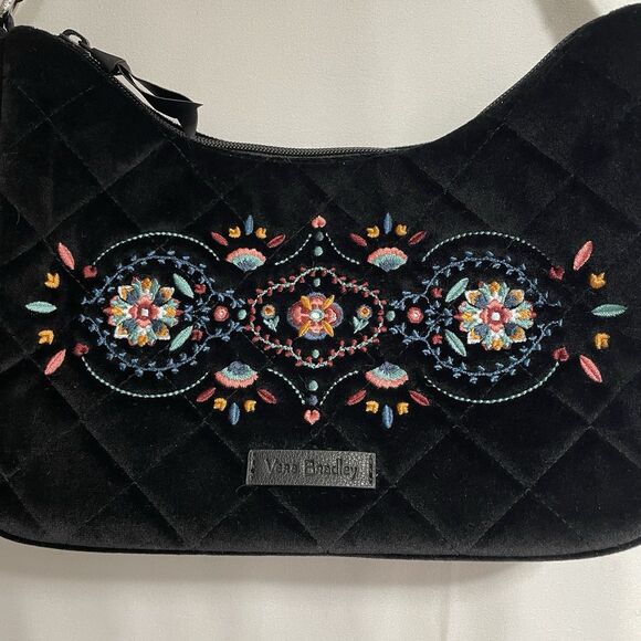 Vera Bradley Frannie Crescent Crossbody Purse Black Velvet Embroidered Floral - Picture 2 of 14